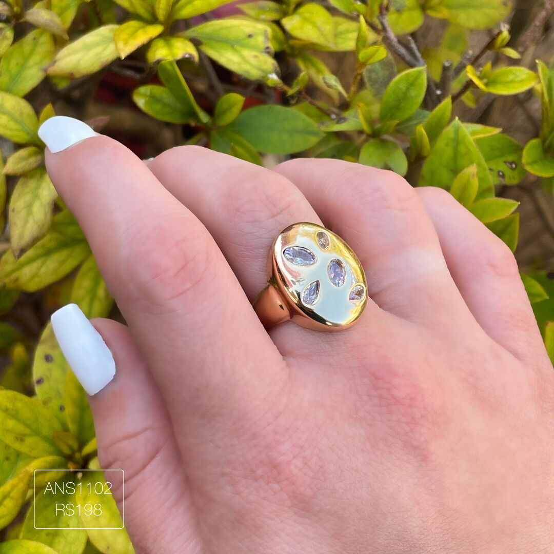 Anel Oval Zirconias Geometricas Esplendor Dourado